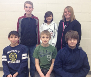 The 6th grade math team: (Front row) Toby Nguyen, Gabe Jackson and Mason Wittmaier. (Back row) Tim Richner, Reagan Henry and Lori Bell (sponsor).