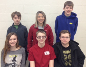 The 7th grade math team: (Front row) Grace Kennedy, Ryan Duffendack and Whitman Harris. (Back row) Ryan Holland, Stephanie Othic (sponsor) and Colton Palmer.