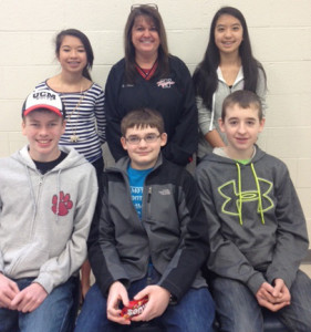 The 8th grade math team: (Front row) Josh Terrell, Ethan Crook and Josh Sterling. (Back row) Cassie Marks, Penny Turner (sponsor) and Tiffany Liu.