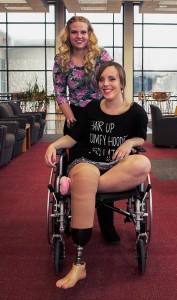 PHOTO BY BRANDON BOWMAN / PHOTO EDITOR Alex Wallace sits with her new leg. Behind her in the Elliott Student Union is her best friend, Ashley Hess, a freshman elementary education major.