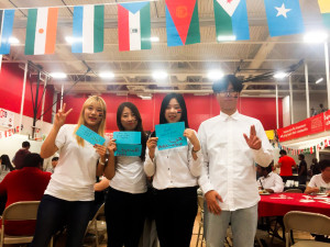 PHOTO SUBMITTED BY JIEUN HONG / REPORTER Jieun Hong (left) stands with her Korean friends, from left, Hyunjung Kim, Yewon Oh and Juhyun Ryu, in the lower courts of the rec center during the 2015 International Food Show.