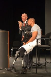 PHOTO BY CASSIE SLANA / SENIOR WRITER Cedric King (right) is introduced by President Chuck Ambrose Wednesday, Sept. 21 during the third Ike Skelton Lecture in the Servant Leadership Lecture Series. 